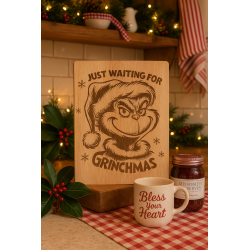 Just Waiting for Grinchmas – Laser-Engraved Rubberwood Cutting Board | Southern Christmas Décor