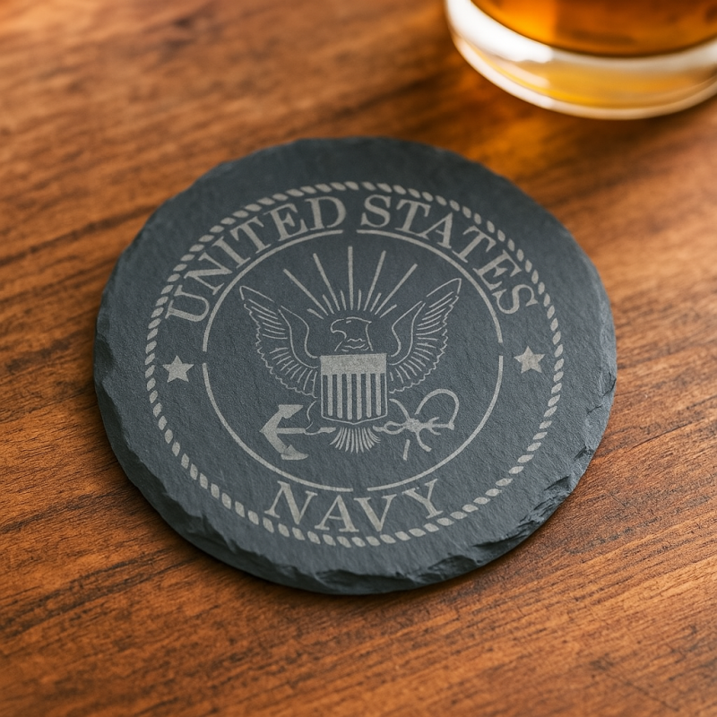 U.S. Navy Slate Coaster – Laser Engraved 4" Round Stone | Military Gift