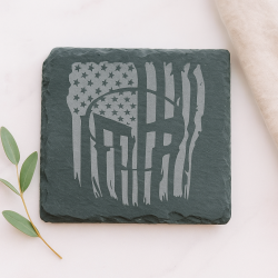 Punisher Flag Square Slate Coaster – Laser Engraved Patriotic Stone | Rustic Gift