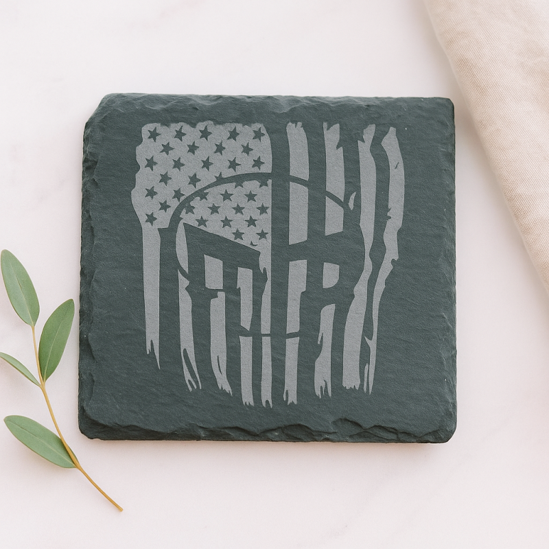 Punisher Flag Square Slate Coaster – Laser Engraved Patriotic Stone | Rustic Gift
