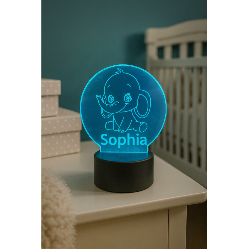 Personalized Baby Elephant Night Light – Custom LED Engraved Acrylic Disc